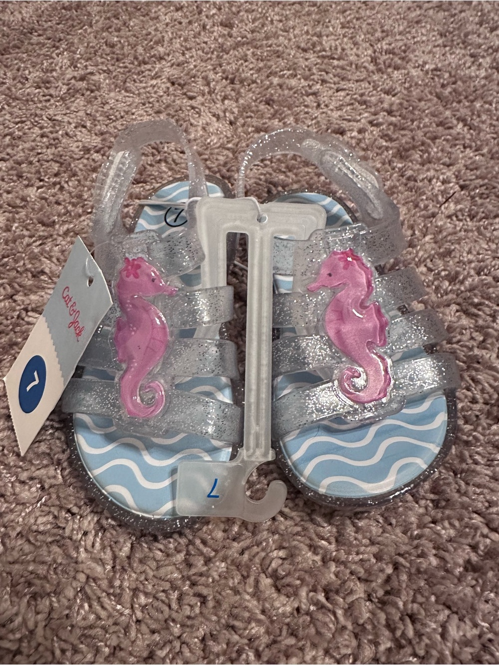 Cat & Jack Toddler Silver Glitter Jelly Sandals with Pink Seahorse